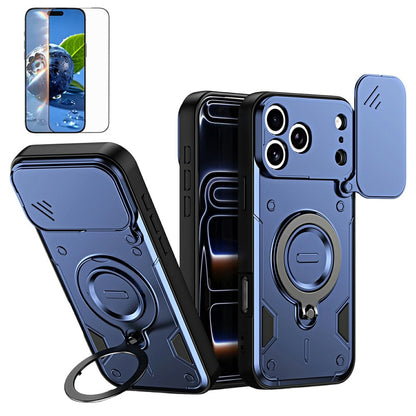 For iPhone 17 Pro Magnetic Case Rotating Kickstand Lens Slider Cover PC + TPU Phone Shell with Tempered Glass Flim