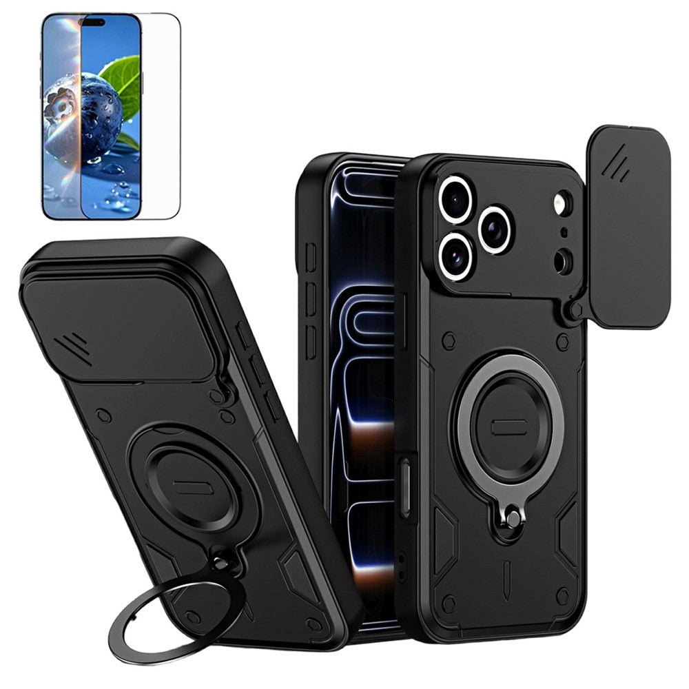 For iPhone 17 Pro Max Magnetic Case Rotating Kickstand Lens Slider Cover PC + TPU Phone Shell with Tempered Glass Flim