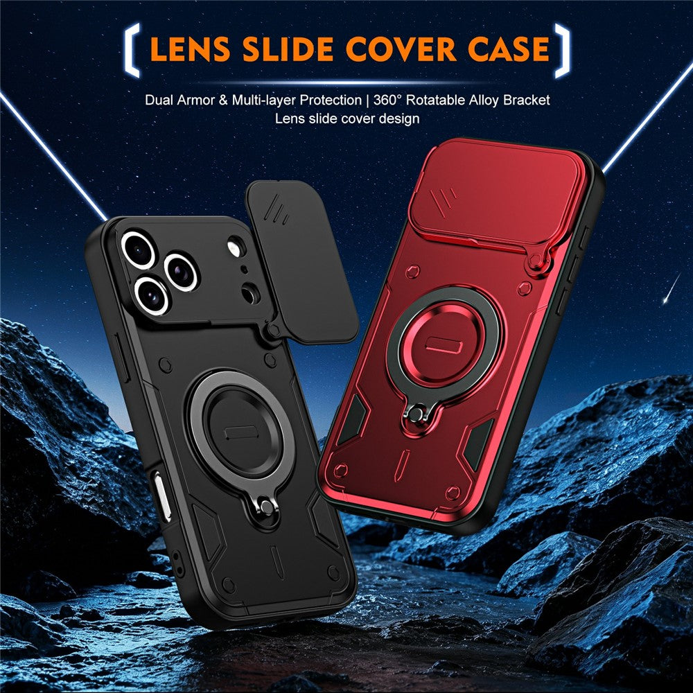 For iPhone 17 Pro Max Magnetic Case Rotating Kickstand Lens Slider Cover PC + TPU Phone Shell with Tempered Glass Flim