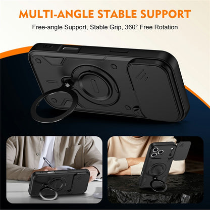 For iPhone 17 Pro Max Magnetic Case Rotating Kickstand Lens Slider Cover PC + TPU Phone Shell with Tempered Glass Flim