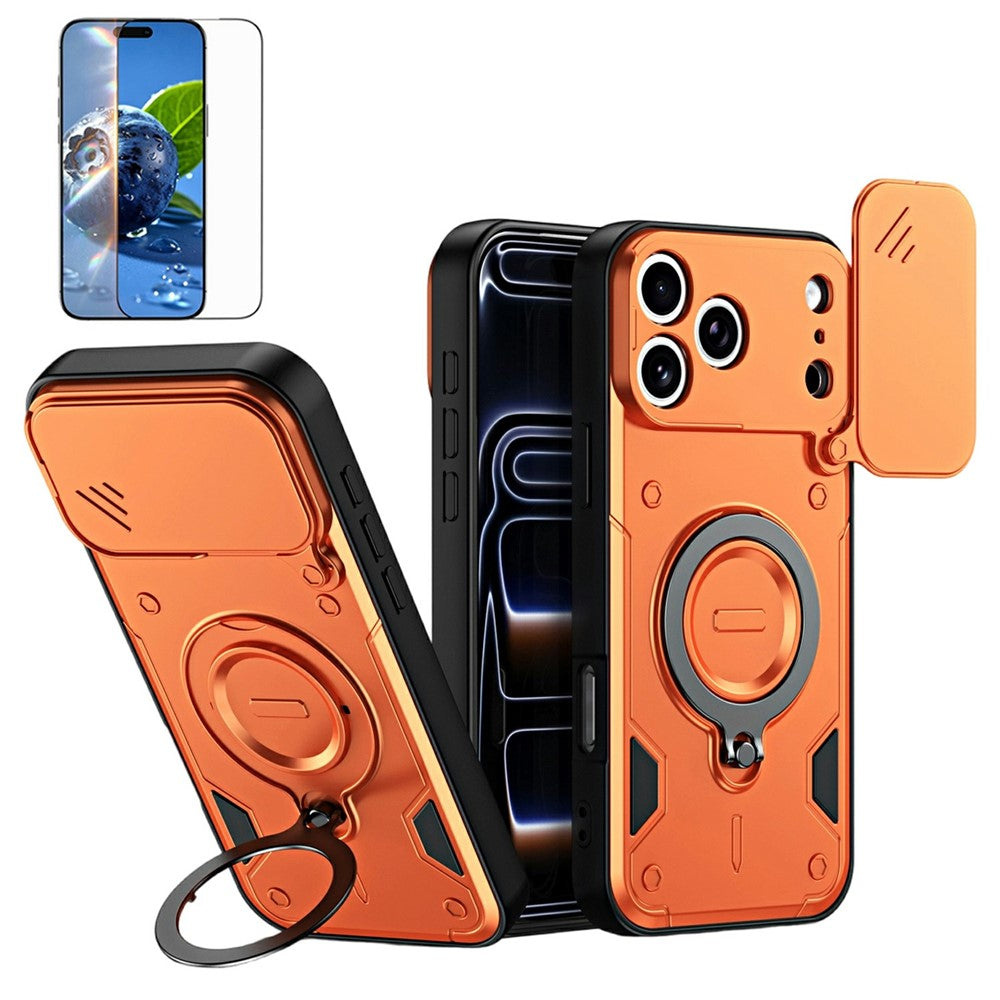 For iPhone 17 Pro Max Magnetic Case Rotating Kickstand Lens Slider Cover PC + TPU Phone Shell with Tempered Glass Flim
