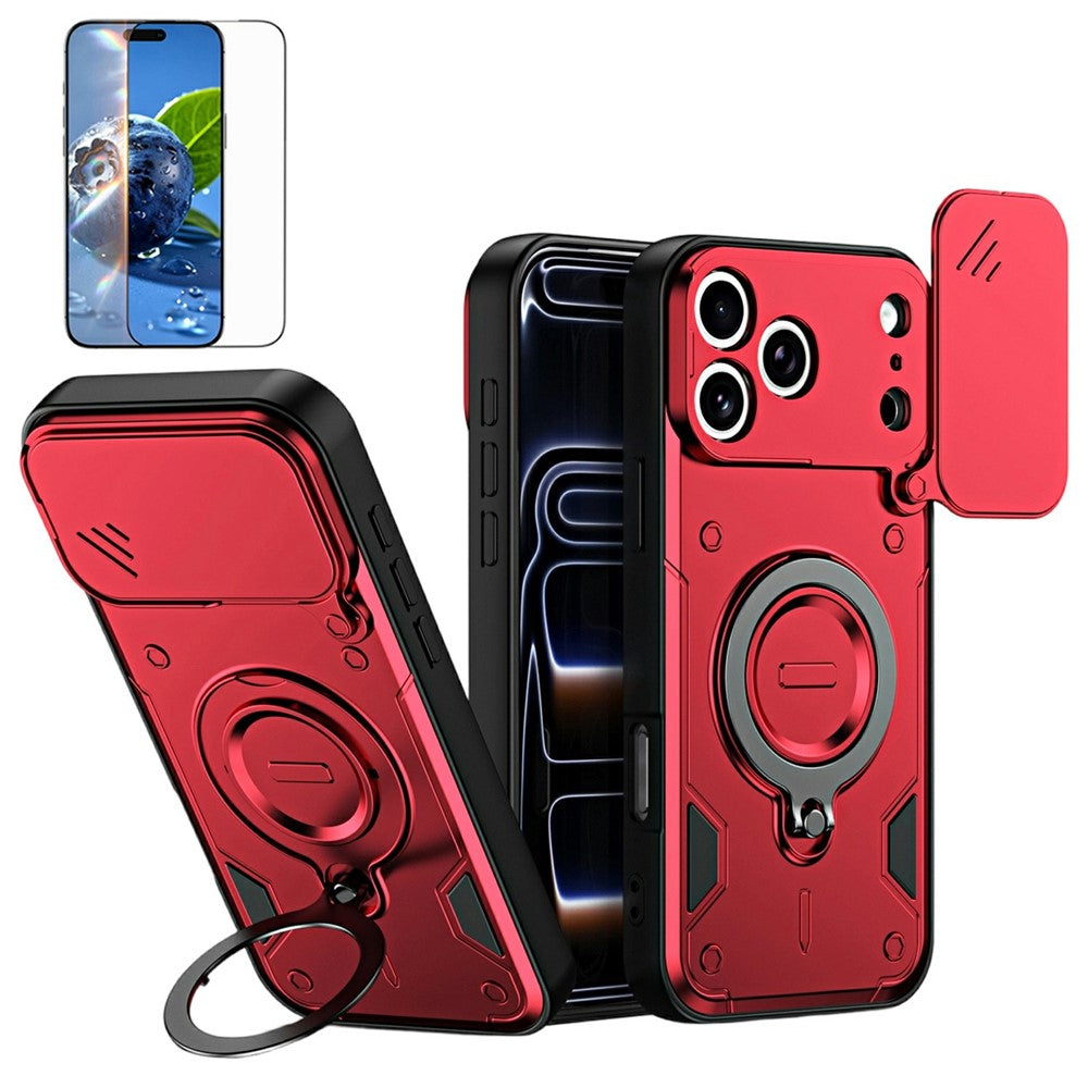 For iPhone 17 Pro Max Magnetic Case Rotating Kickstand Lens Slider Cover PC + TPU Phone Shell with Tempered Glass Flim