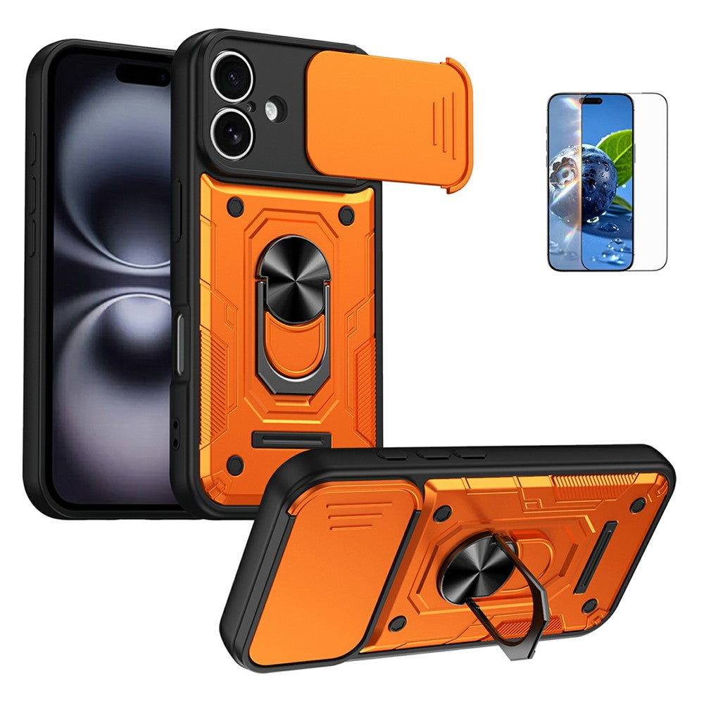For iPhone 16 Magnetic Case Sliding Lens Cover PC + TPU Phone Shell with Tempered Glass Film