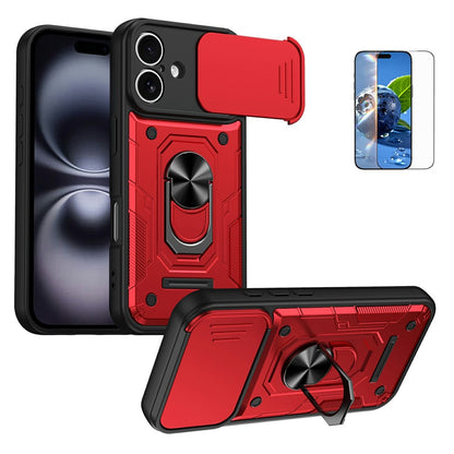 For iPhone 16 Magnetic Case Sliding Lens Cover PC + TPU Phone Shell with Tempered Glass Film