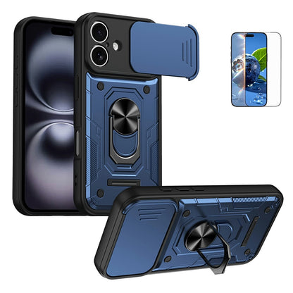For iPhone 16 Magnetic Case Sliding Lens Cover PC + TPU Phone Shell with Tempered Glass Film