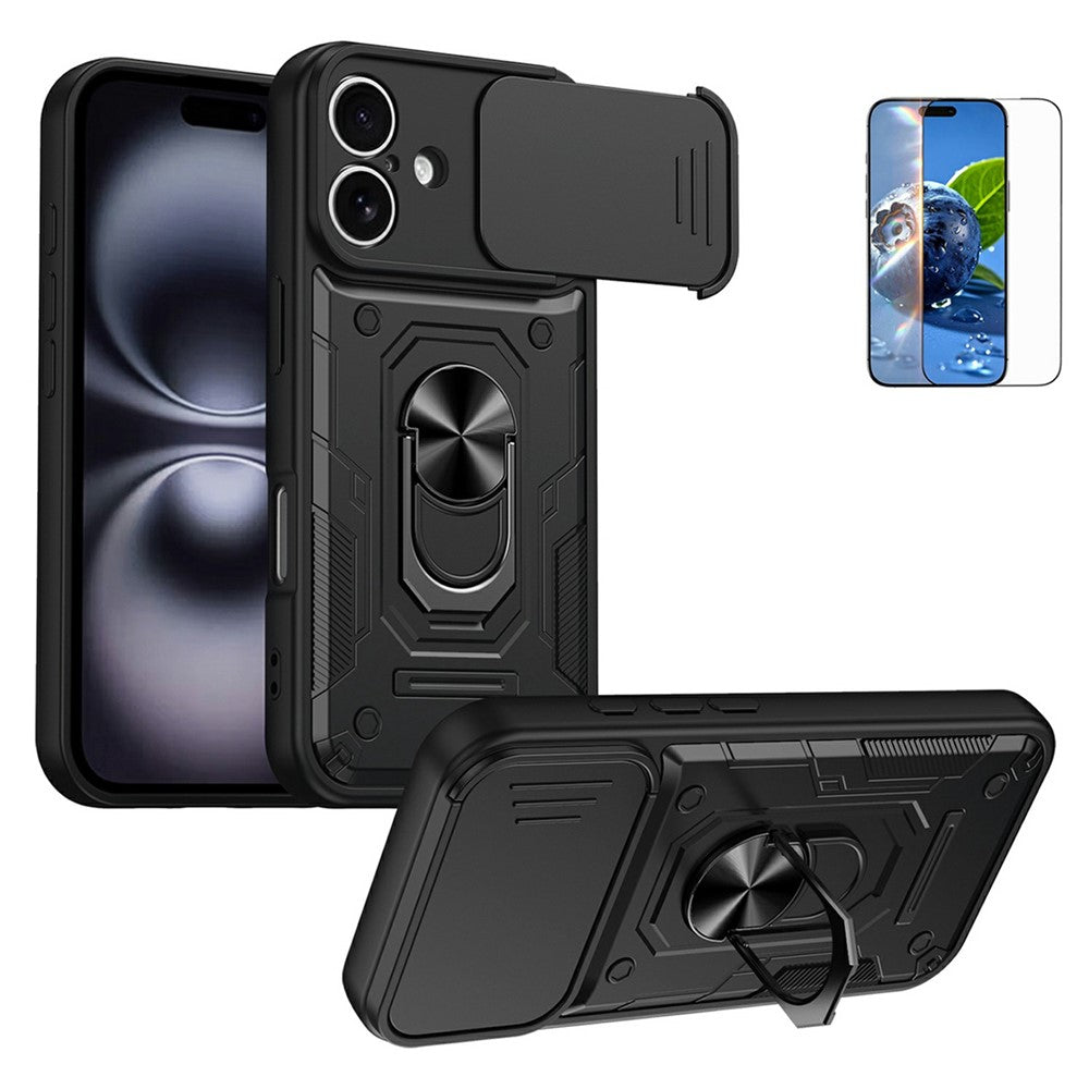 For iPhone 16 Magnetic Case Sliding Lens Cover PC + TPU Phone Shell with Tempered Glass Film