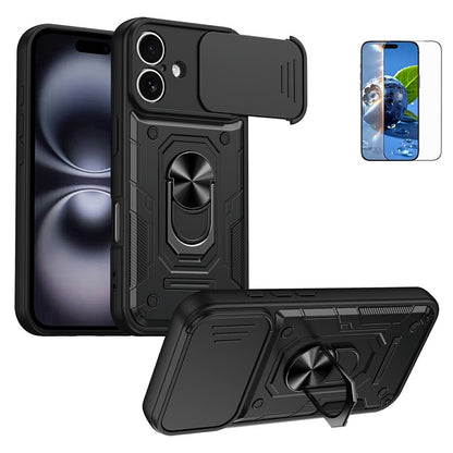 For iPhone 16 Magnetic Case Sliding Lens Cover PC + TPU Phone Shell with Tempered Glass Film