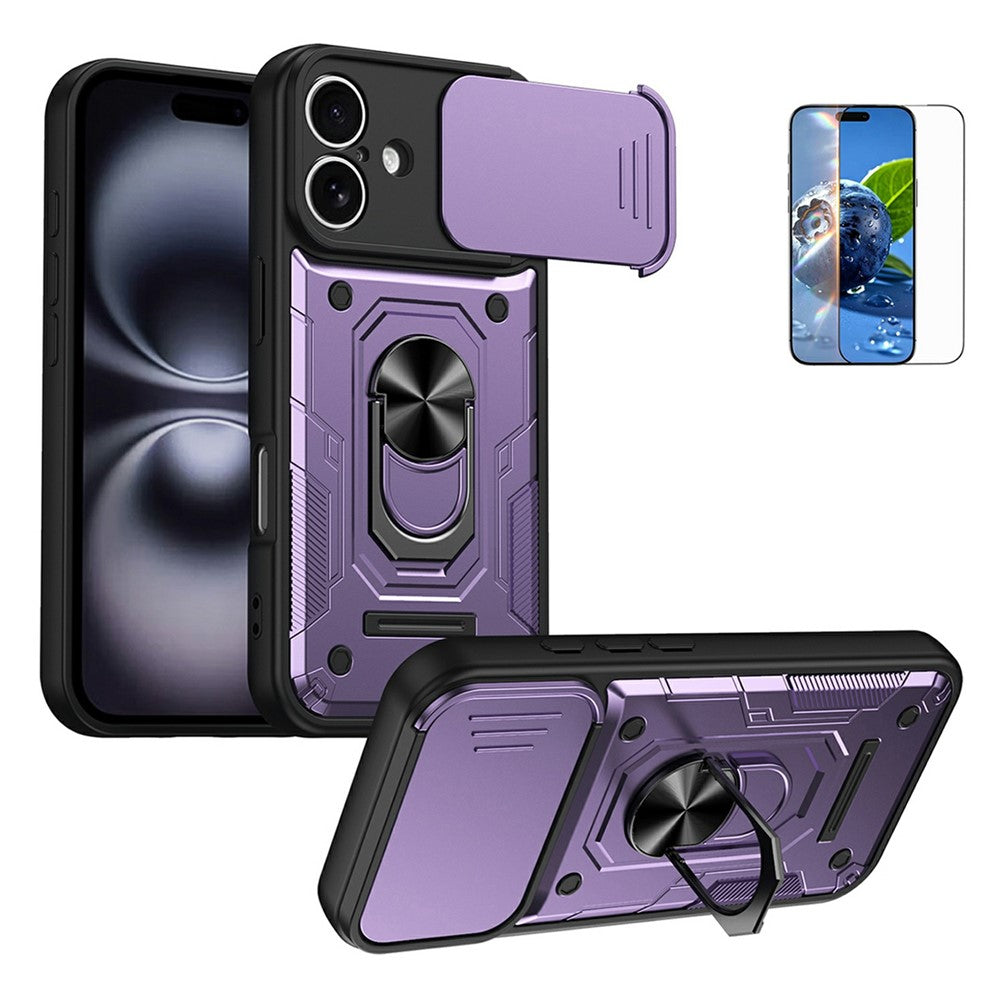 For iPhone 16 Magnetic Case Sliding Lens Cover PC + TPU Phone Shell with Tempered Glass Film
