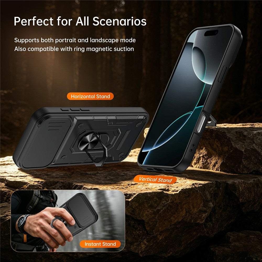 For iPhone 16 Pro Magnetic Case Sliding Lens Cover PC + TPU Phone Shell with Tempered Glass Film