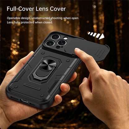 For iPhone 16 Pro Magnetic Case Sliding Lens Cover PC + TPU Phone Shell with Tempered Glass Film