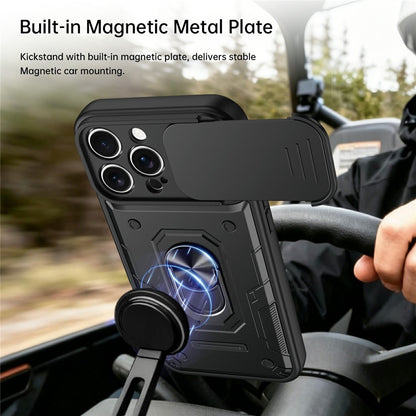 For iPhone 16 Pro Magnetic Case Sliding Lens Cover PC + TPU Phone Shell with Tempered Glass Film