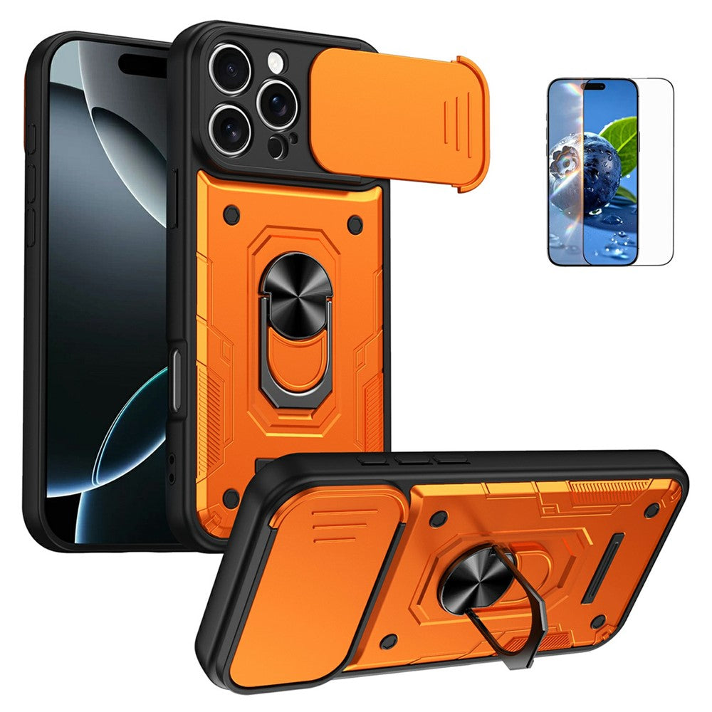 For iPhone 16 Pro Magnetic Case Sliding Lens Cover PC + TPU Phone Shell with Tempered Glass Film