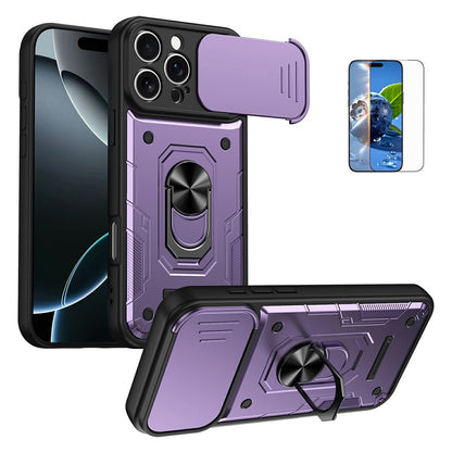 For iPhone 16 Pro Magnetic Case Sliding Lens Cover PC + TPU Phone Shell with Tempered Glass Film
