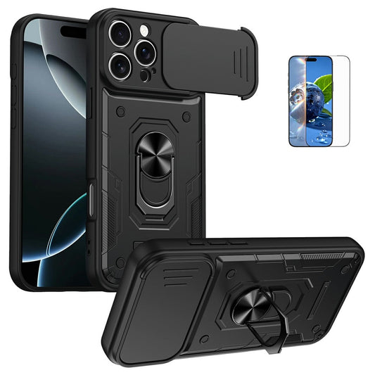 For iPhone 16 Pro Max Magnetic Case Sliding Lens Cover PC + TPU Phone Shell with Tempered Glass Film
