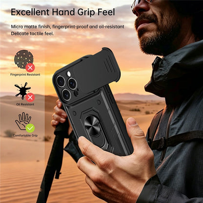 For iPhone 16 Pro Max Magnetic Case Sliding Lens Cover PC + TPU Phone Shell with Tempered Glass Film