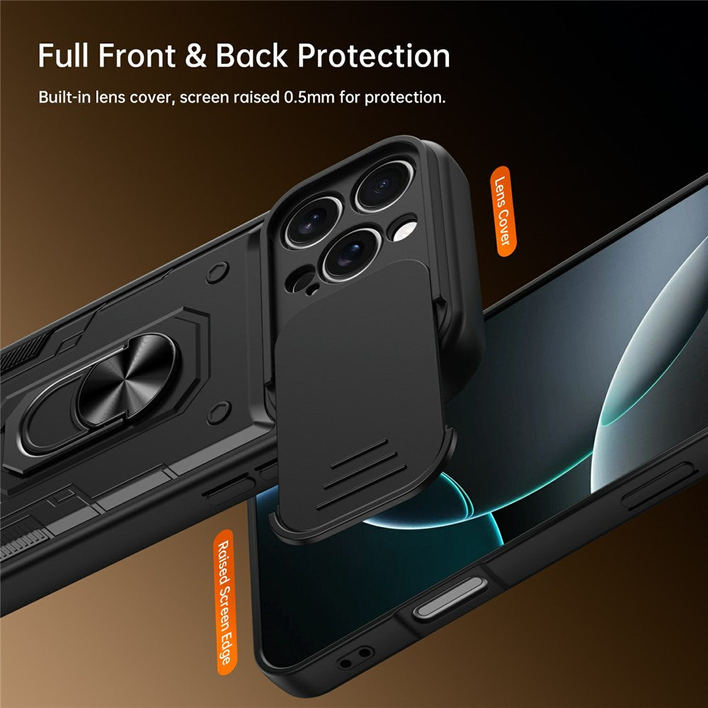 For iPhone 16 Pro Max Magnetic Case Sliding Lens Cover PC + TPU Phone Shell with Tempered Glass Film