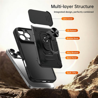 For iPhone 16 Pro Max Magnetic Case Sliding Lens Cover PC + TPU Phone Shell with Tempered Glass Film