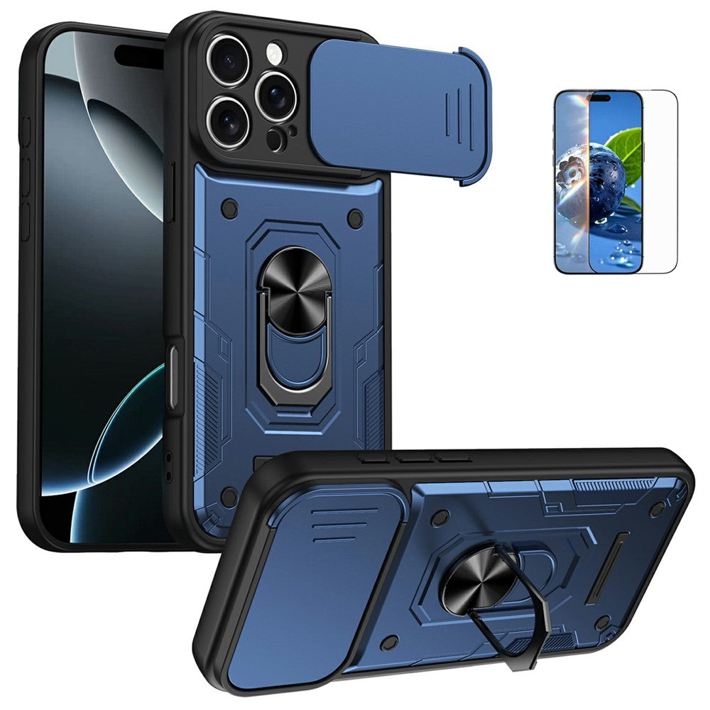 For iPhone 16 Pro Max Magnetic Case Sliding Lens Cover PC + TPU Phone Shell with Tempered Glass Film