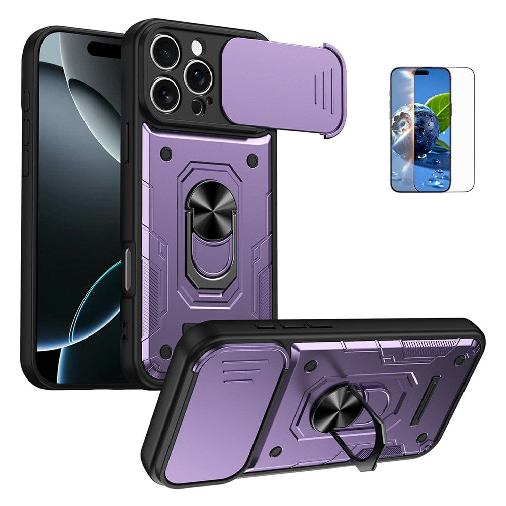 For iPhone 16 Pro Max Magnetic Case Sliding Lens Cover PC + TPU Phone Shell with Tempered Glass Film