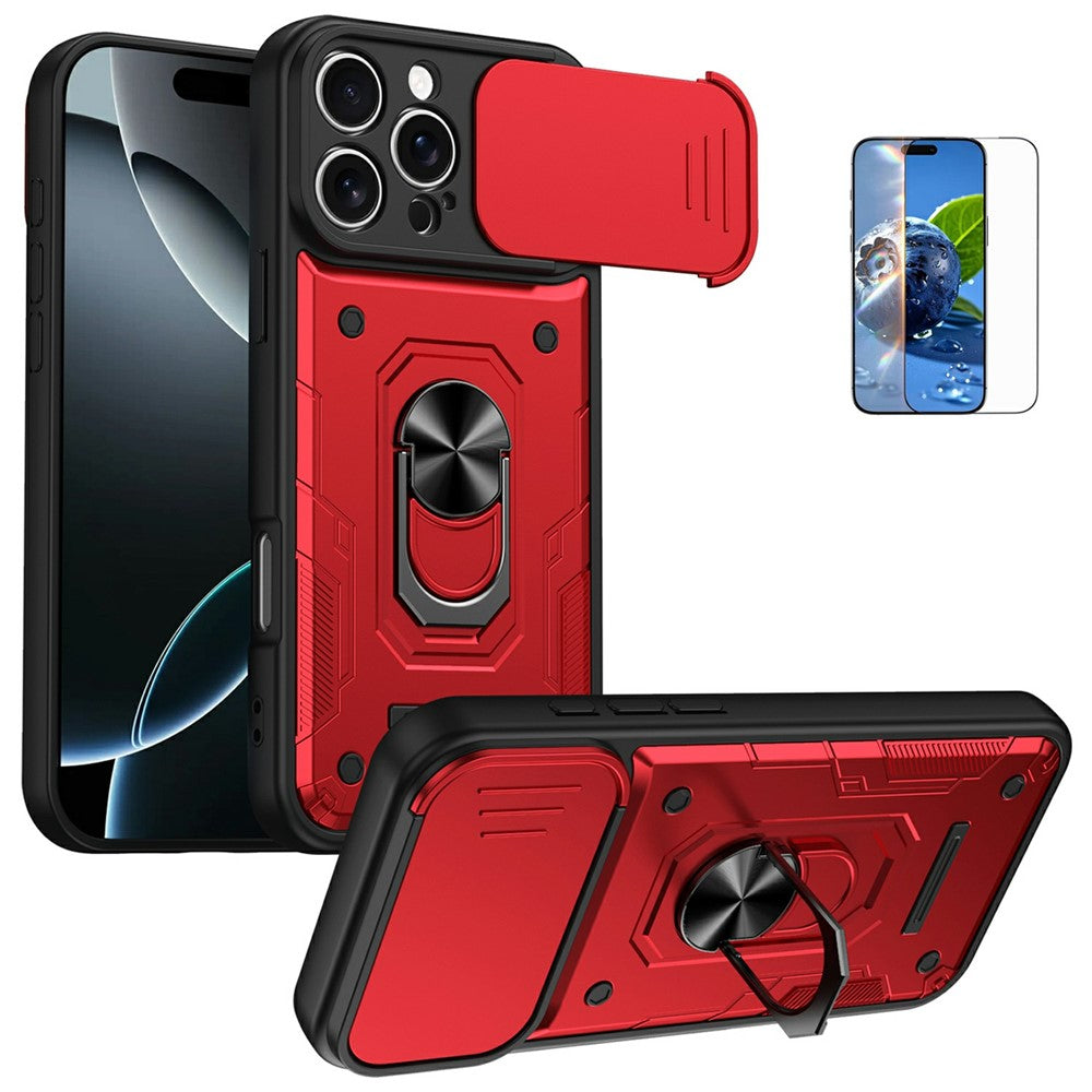 For iPhone 16 Pro Max Magnetic Case Sliding Lens Cover PC + TPU Phone Shell with Tempered Glass Film