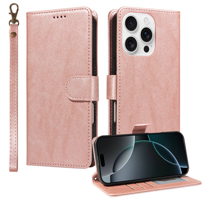 For iPhone 16 Pro Max Case with Wrist Strap RFID Blocking Wallet Cowhide Texture Leather Phone Cover