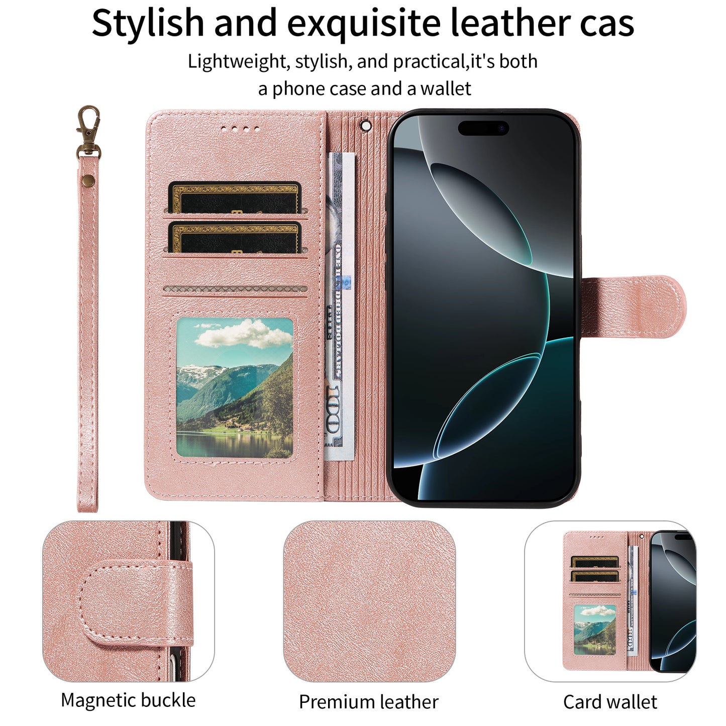 For iPhone 16 Pro Max Case with Wrist Strap RFID Blocking Wallet Cowhide Texture Leather Phone Cover