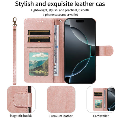 For iPhone 16 Pro Max Case with Wrist Strap RFID Blocking Wallet Cowhide Texture Leather Phone Cover