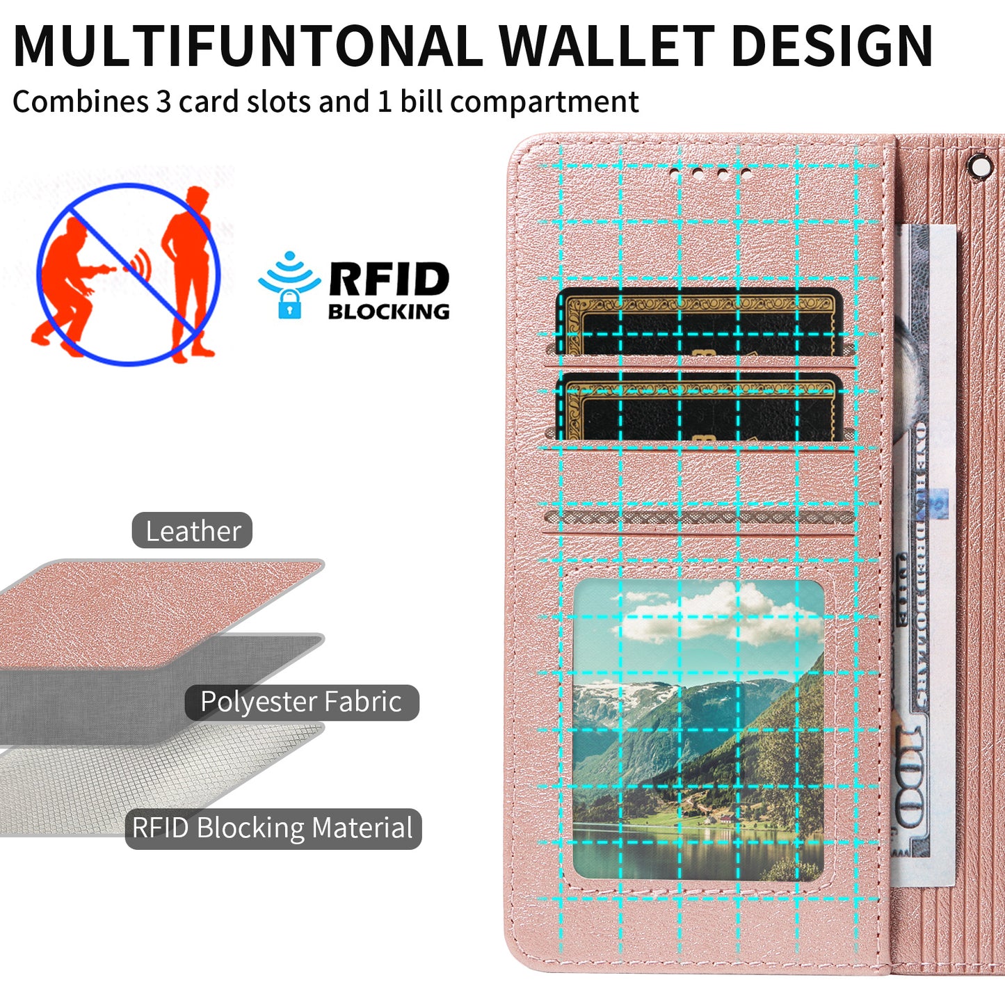 For iPhone 16 Pro Max Case with Wrist Strap RFID Blocking Wallet Cowhide Texture Leather Phone Cover