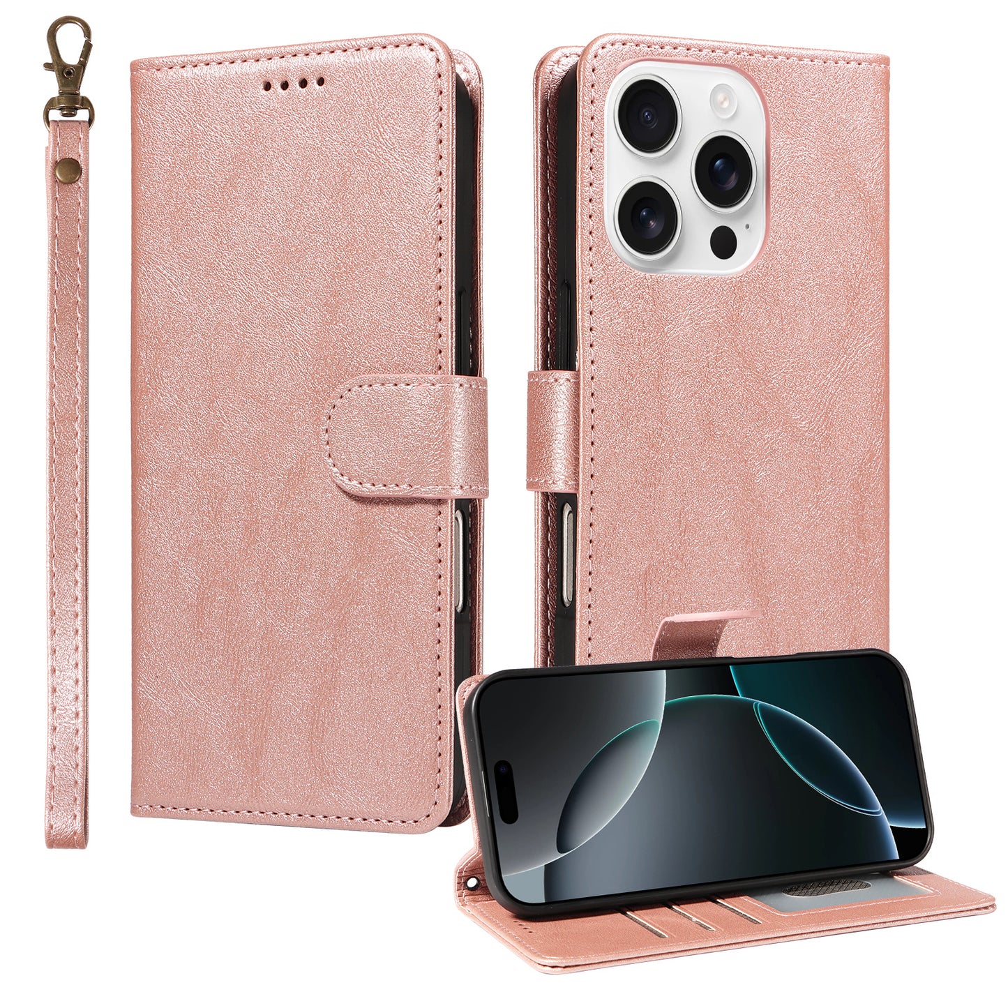 For iPhone 16 Pro Max Case with Wrist Strap RFID Blocking Wallet Cowhide Texture Leather Phone Cover