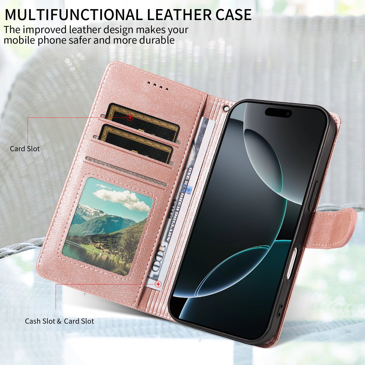 For iPhone 16 Pro Max Case with Wrist Strap RFID Blocking Wallet Cowhide Texture Leather Phone Cover