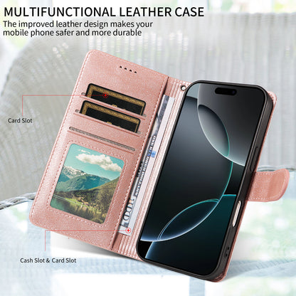 For iPhone 16 Pro Max Case with Wrist Strap RFID Blocking Wallet Cowhide Texture Leather Phone Cover