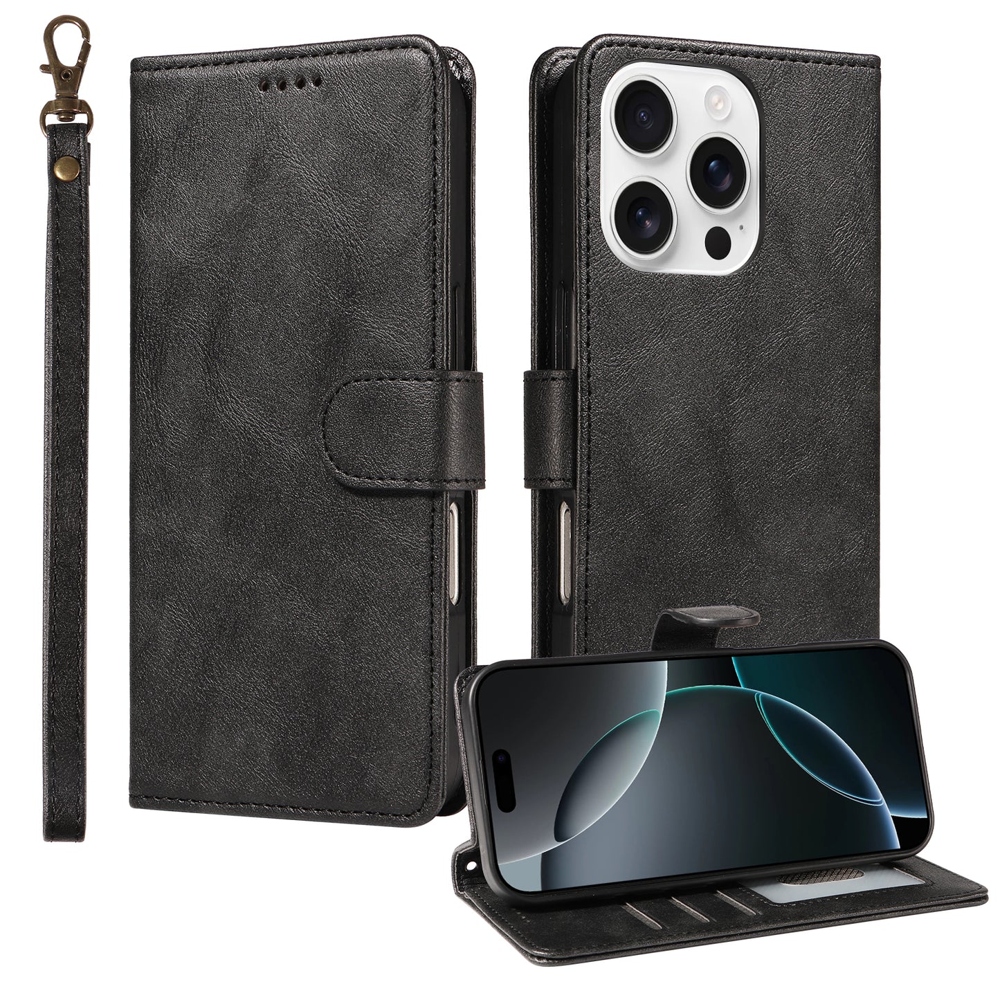 For iPhone 16 Pro Max Case with Wrist Strap RFID Blocking Wallet Cowhide Texture Leather Phone Cover