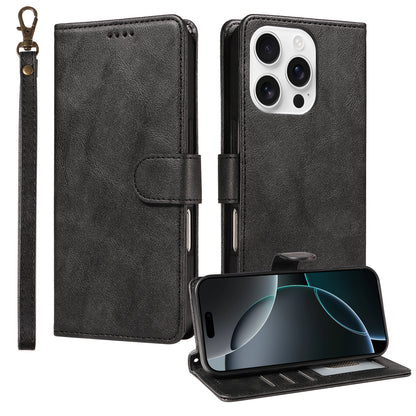 For iPhone 16 Pro Max Case with Wrist Strap RFID Blocking Wallet Cowhide Texture Leather Phone Cover