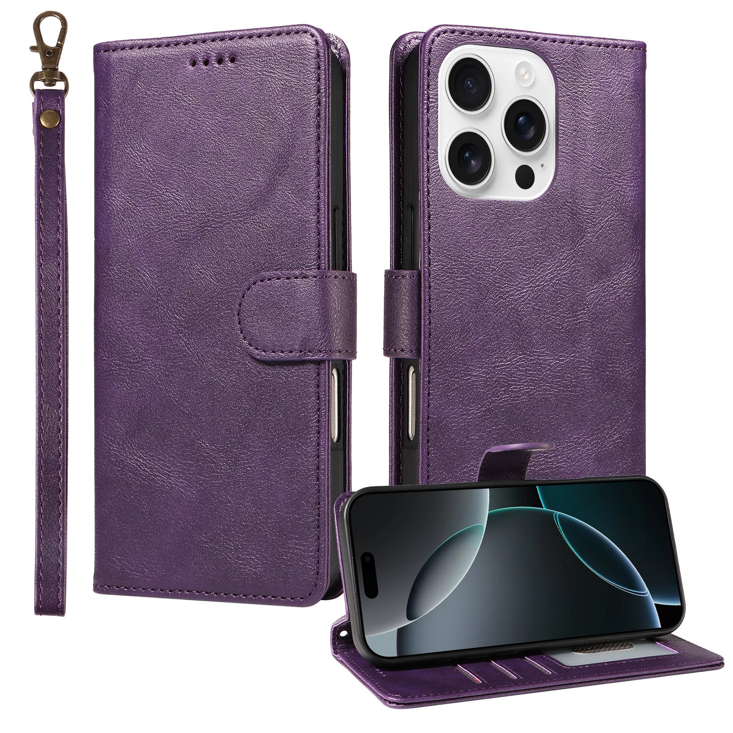 For iPhone 16 Pro Max Case with Wrist Strap RFID Blocking Wallet Cowhide Texture Leather Phone Cover