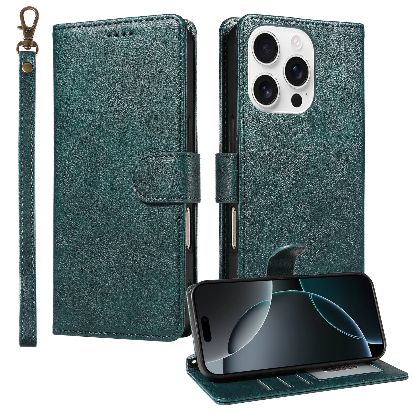 For iPhone 16 Pro Max Case with Wrist Strap RFID Blocking Wallet Cowhide Texture Leather Phone Cover