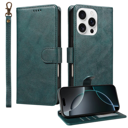 For iPhone 16 Pro Max Case with Wrist Strap RFID Blocking Wallet Cowhide Texture Leather Phone Cover