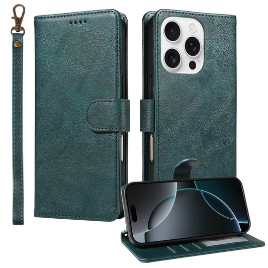 For iPhone 16 Pro Max Case with Wrist Strap RFID Blocking Wallet Cowhide Texture Leather Phone Cover