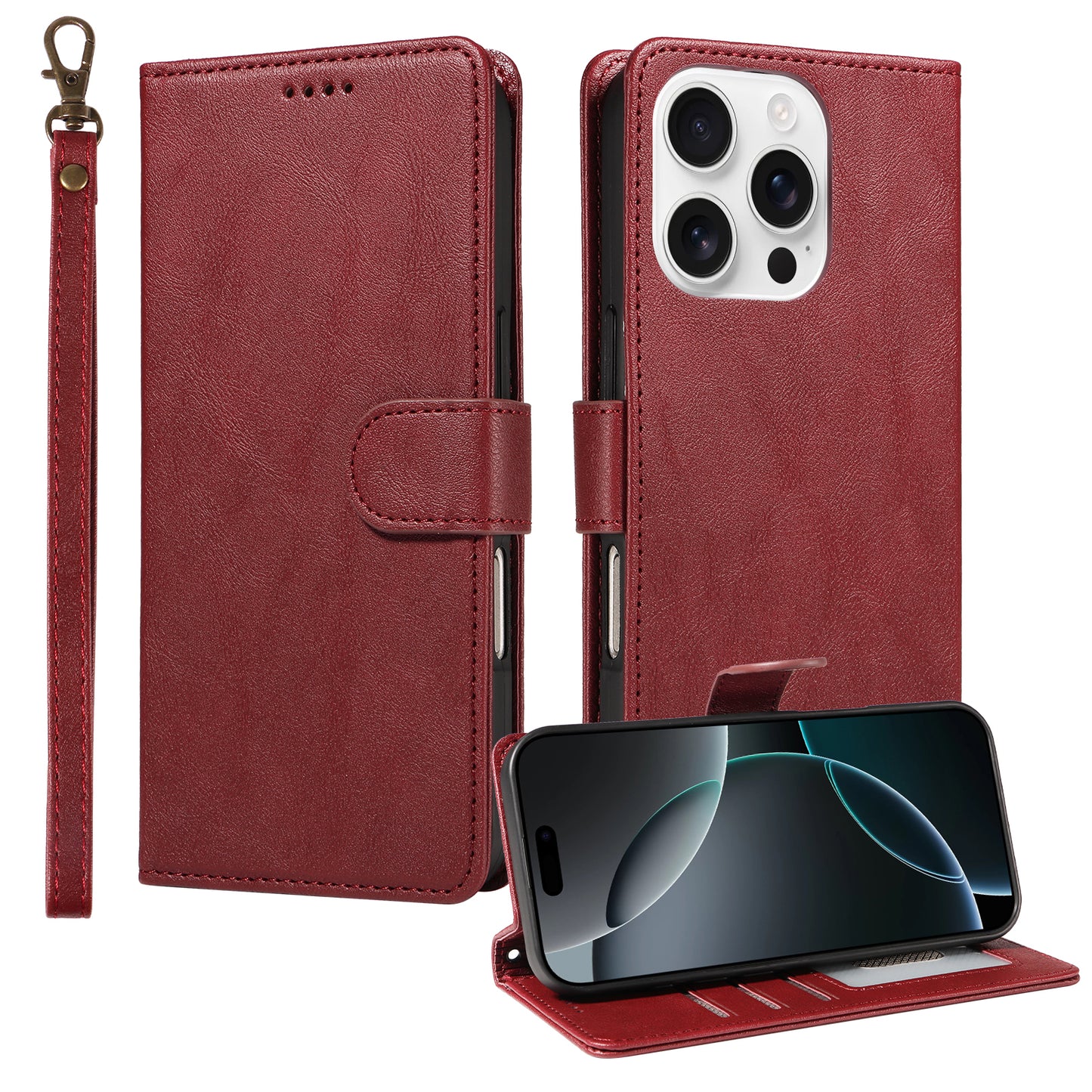 For iPhone 16 Pro Max Case with Wrist Strap RFID Blocking Wallet Cowhide Texture Leather Phone Cover