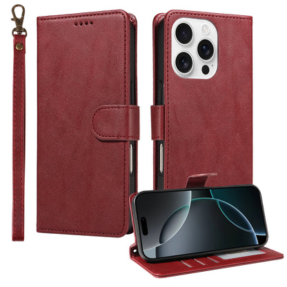 For iPhone 16 Pro Max Case with Wrist Strap RFID Blocking Wallet Cowhide Texture Leather Phone Cover