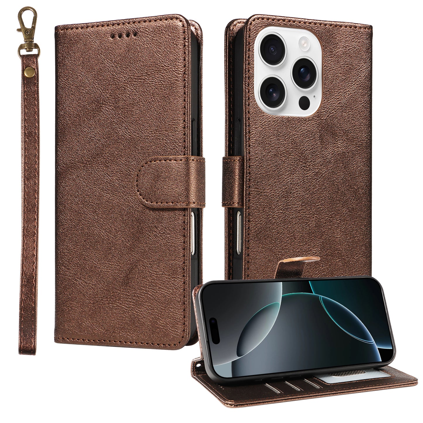 For iPhone 16 Pro Max Case with Wrist Strap RFID Blocking Wallet Cowhide Texture Leather Phone Cover