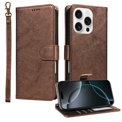 For iPhone 16 Pro Max Case with Wrist Strap RFID Blocking Wallet Cowhide Texture Leather Phone Cover