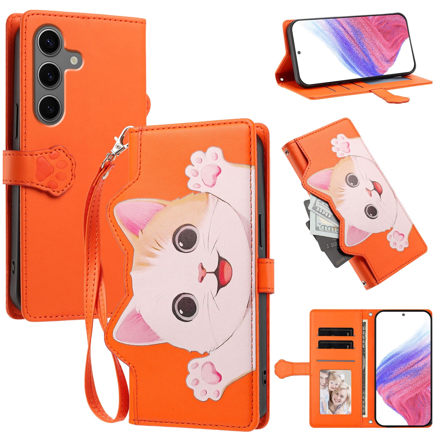 For Samsung Galaxy S26+ Case Cute Cat Pattern PU Leather Flip Wallet Phone Cover with Wrist Strap