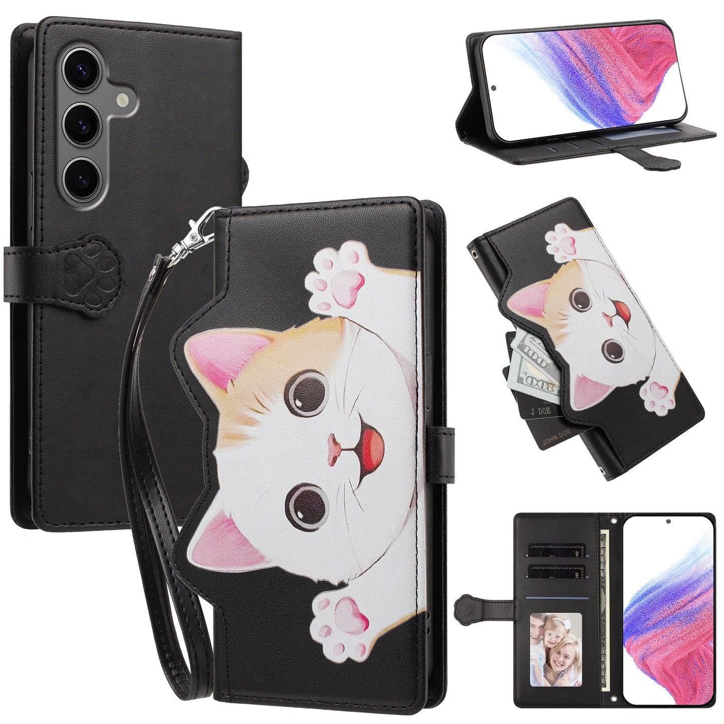 For Samsung Galaxy S26+ Case Cute Cat Pattern PU Leather Flip Wallet Phone Cover with Wrist Strap