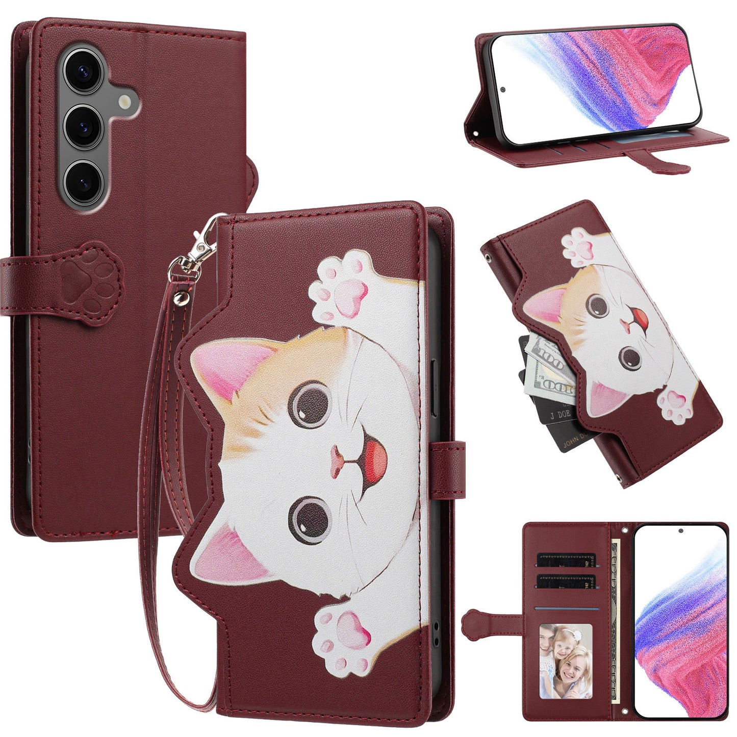 For Samsung Galaxy S26+ Case Cute Cat Pattern PU Leather Flip Wallet Phone Cover with Wrist Strap