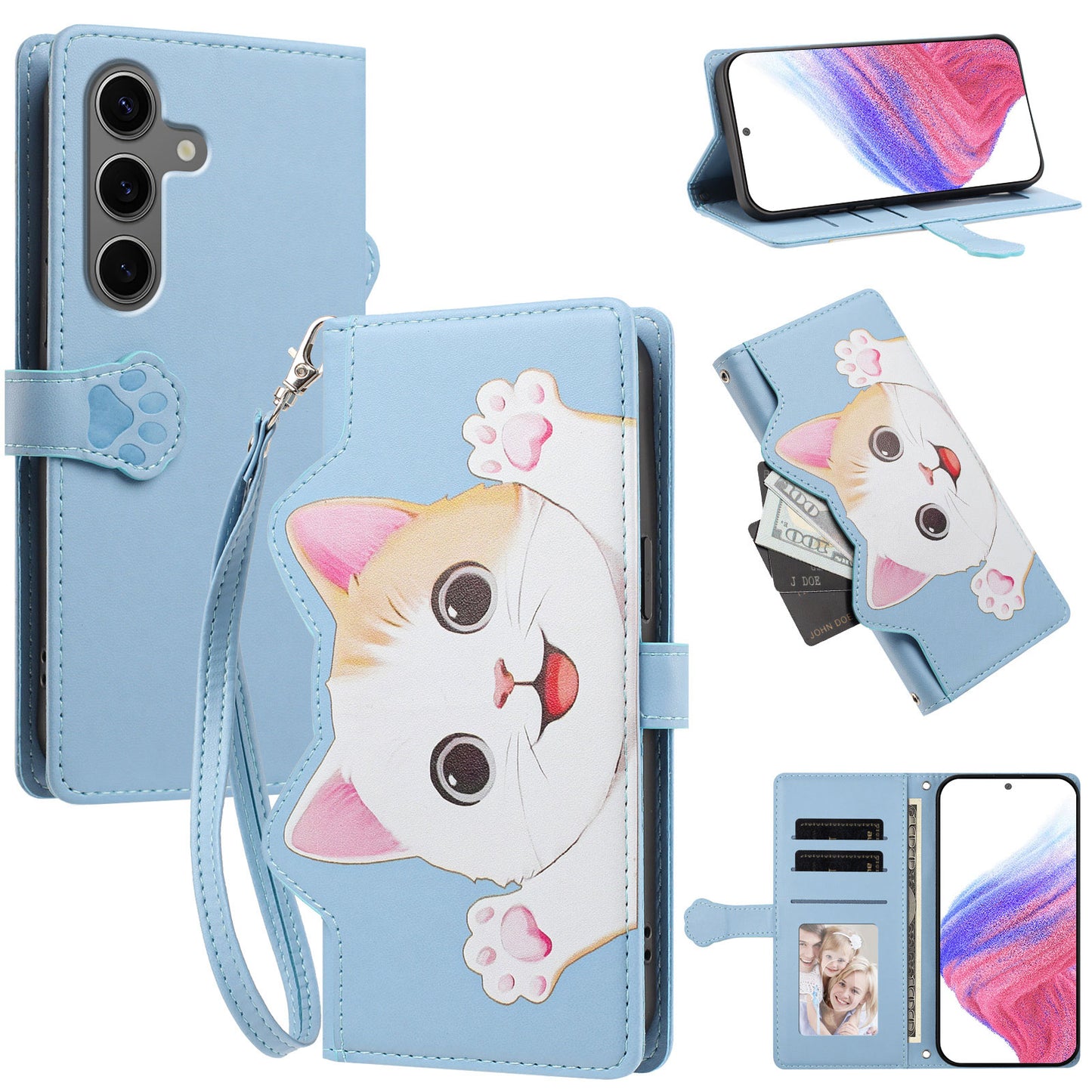 For Samsung Galaxy S26+ Case Cute Cat Pattern PU Leather Flip Wallet Phone Cover with Wrist Strap