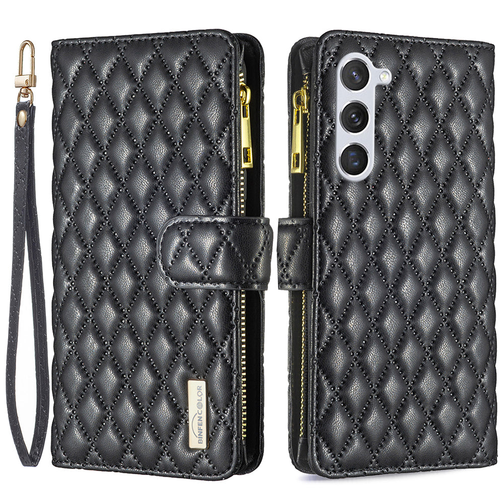 BINFEN COLOR for Samsung Galaxy S26+ BF Style-15 Leather Case Zipper Pocket Rhombus Phone Cover