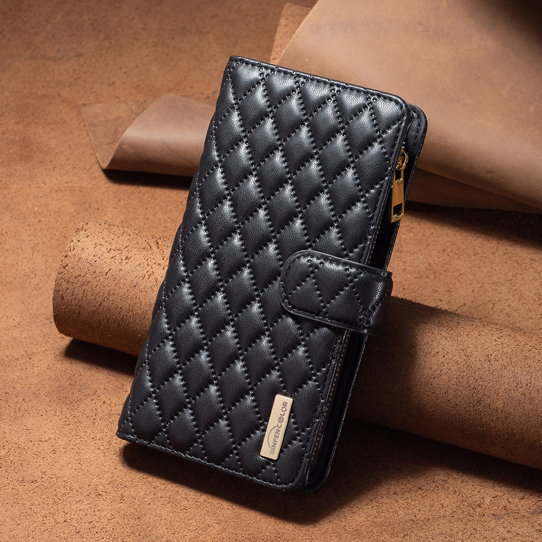 BINFEN COLOR for Samsung Galaxy S26+ BF Style-15 Leather Case Zipper Pocket Rhombus Phone Cover