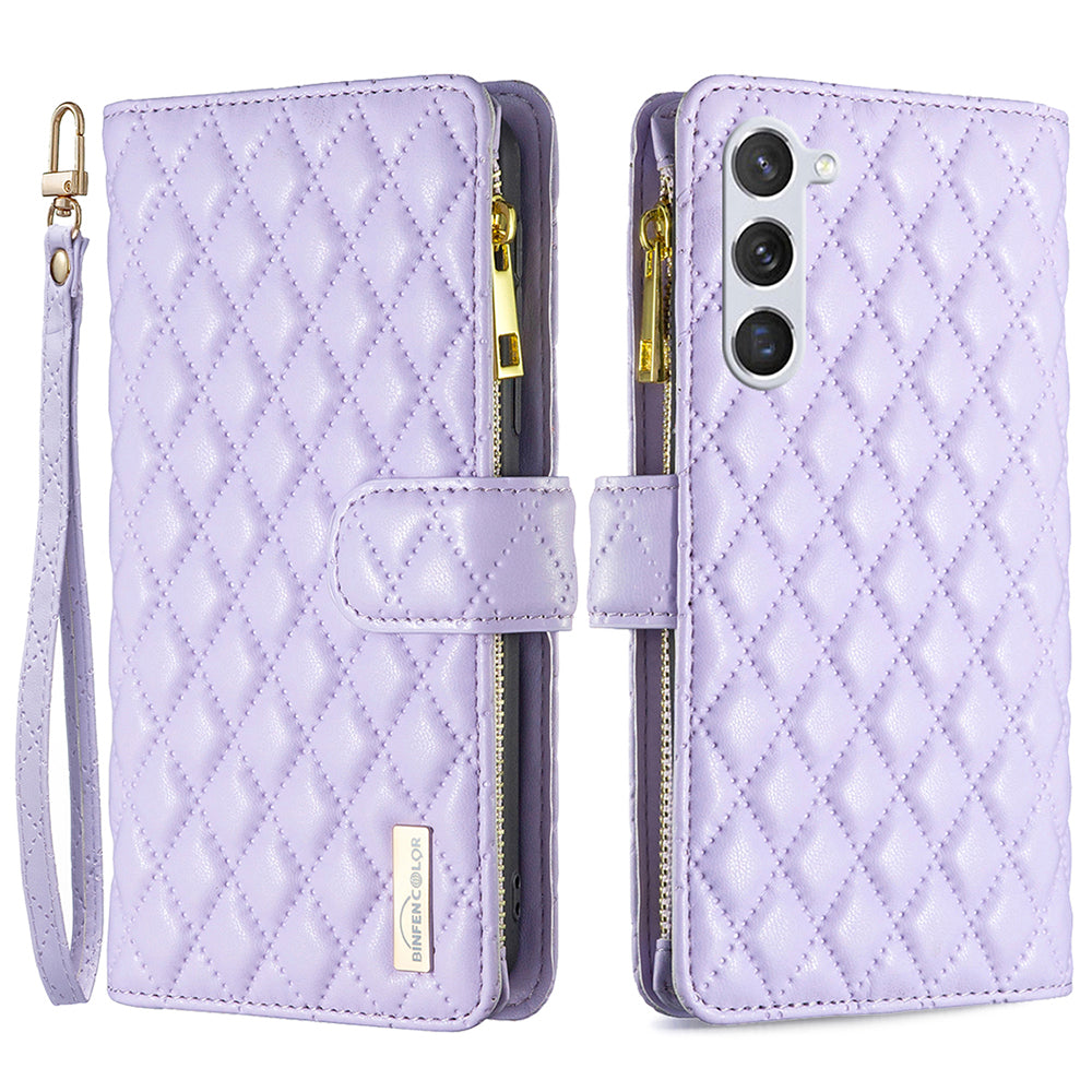 BINFEN COLOR for Samsung Galaxy S26+ BF Style-15 Leather Case Zipper Pocket Rhombus Phone Cover