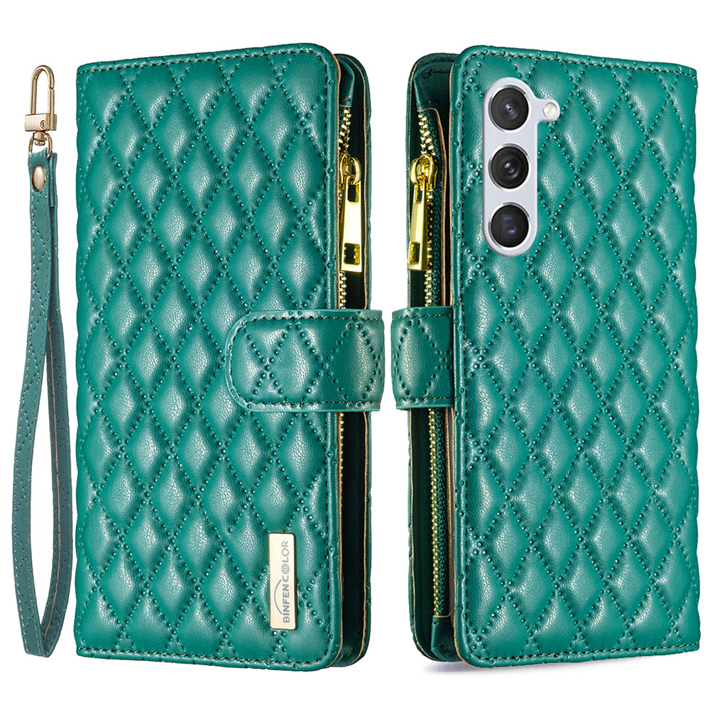 BINFEN COLOR for Samsung Galaxy S26+ BF Style-15 Leather Case Zipper Pocket Rhombus Phone Cover