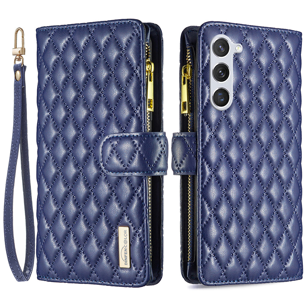 BINFEN COLOR for Samsung Galaxy S26+ BF Style-15 Leather Case Zipper Pocket Rhombus Phone Cover